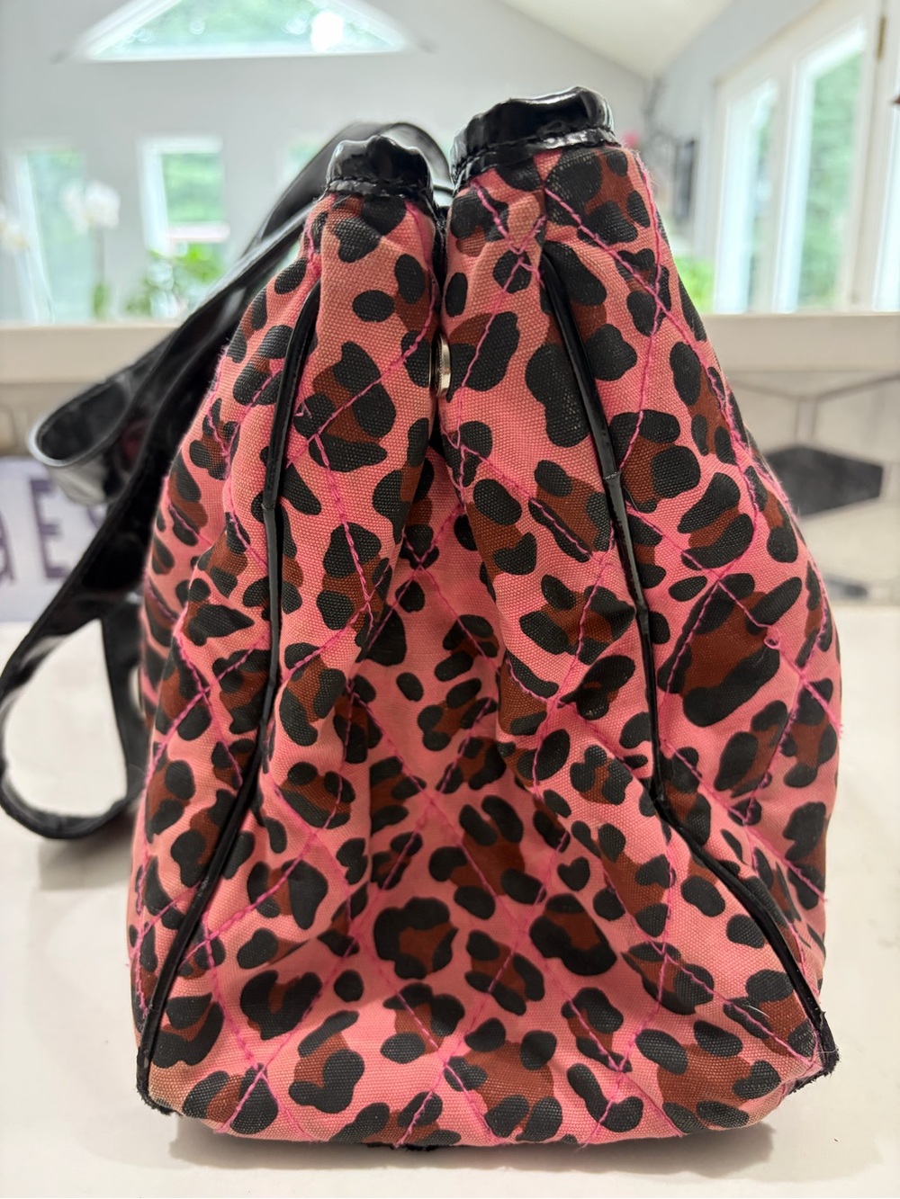 Betsey Johnson Pink and Black Leopard Quilted Studded Tote - Picture 3 of 6